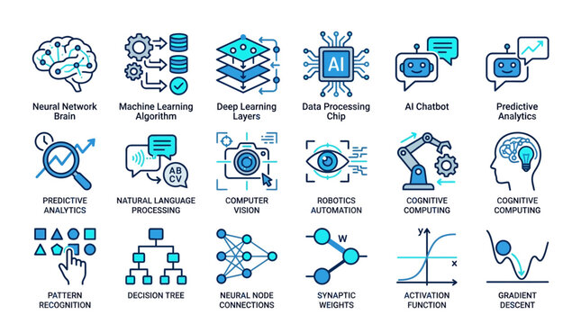 Artificial Intelligence Icons, AI Technology Symbols, Machine Learning Vector Graphics, 20 Blue Computing Logos