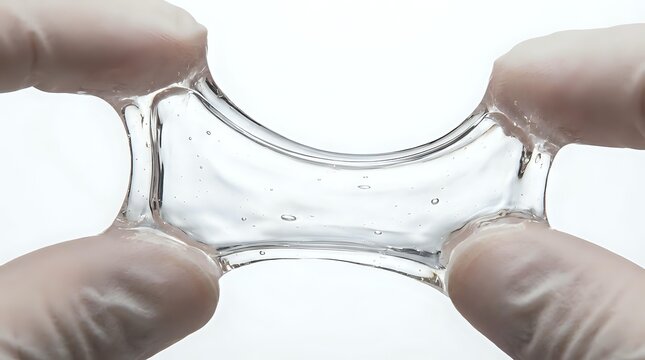 Transparent elastic gel or silicone material being stretched between four fingers, demonstrating flexibility and durability for medical, cosmetic, or industrial applications.