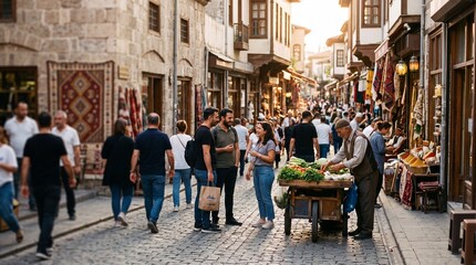 Obraz premium Vibrant street market in a historic Turkish old town with people walking past a traditional vegetable vendor cart at sunset