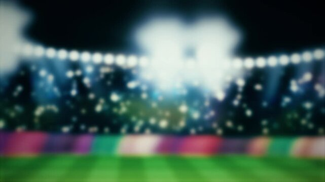 defocussed soccer football stadium or sports arena at night with floodlights with paparazzi camera flashes  and crowd torch lights flashing in the stands in a soft focus background 4K sports animation