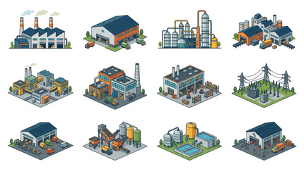 Fototapeta premium Isometric illustrations of various industrial buildings.
