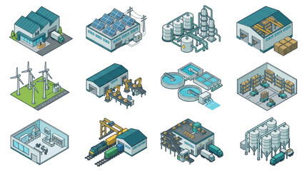 Fototapeta premium Isometric illustrations of various industrial buildings.