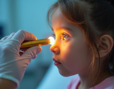 Doctor uses penlight to examine childs eye. Young girl receives vision test for eye health. Medical checkup of kid in clinic. Pediatric ophthalmology check. Visual acuity test.