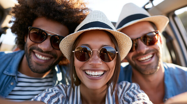 Anonymous diverse friends sharing smiles and car selfies on a road trip, joyful travel memories and friendship concept, faceless, defocused, with copy space