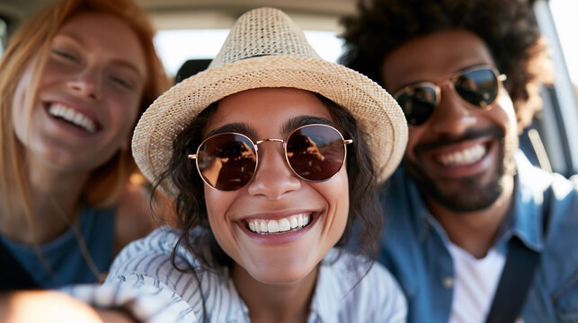 Anonymous diverse friends sharing smiles and car selfies on a road trip, joyful travel memories and friendship concept, faceless, defocused, with copy space
