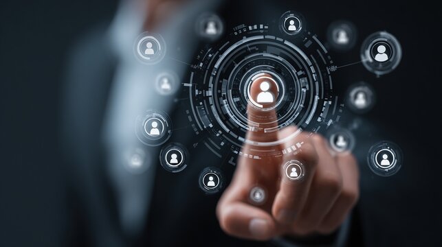 Business professionals use artificial intelligence and data analytics to target their audiences across multiple digital screens. This relates to CRM systems and enterprise environment concepts.