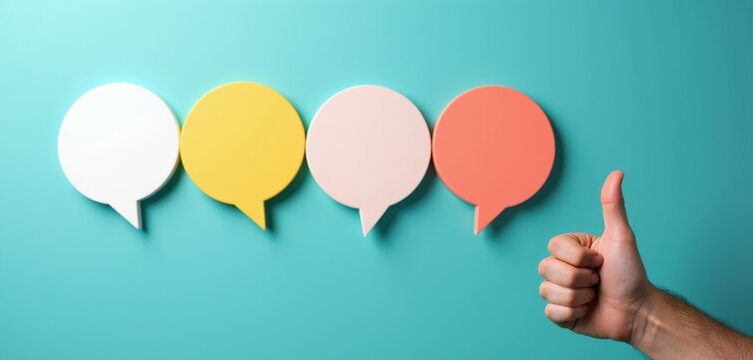 Four colorful empty speech bubbles arranged in a row with a hand giving a thumbs up gesture. This visually represents positive feedback, agreement, and good communication.
