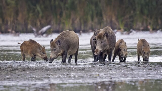 Wild boar (Sus scrofa), hunter's term for wild boar, black boar, blackbuck, brook, herd, overrun, piglet, foraging in mud, wallow, snout, rummaging through the ground for fruit, tubers, mushrooms, worms, shallow water zone, defensive, Saxony-Anhalt, Germany
