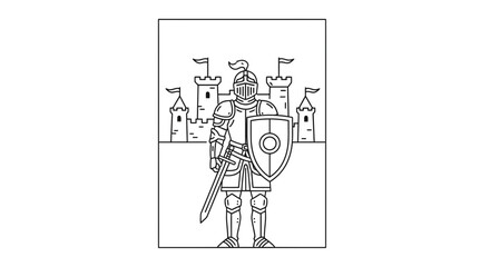 Obraz premium Medieval Knight in Armor with Sword and Shield in Front of Castle