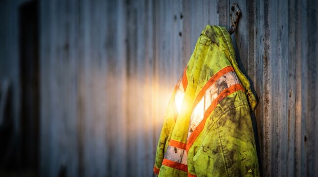 Dirty high-visibility safety jacket hanging on metal wall