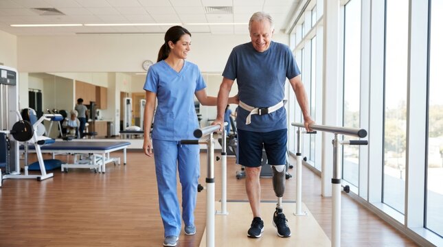 Therapist helping man with prosthetic leg walk on parallel bars