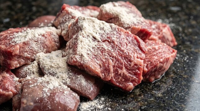 Raw red meat chunks with Chitosan powder for BARF diet