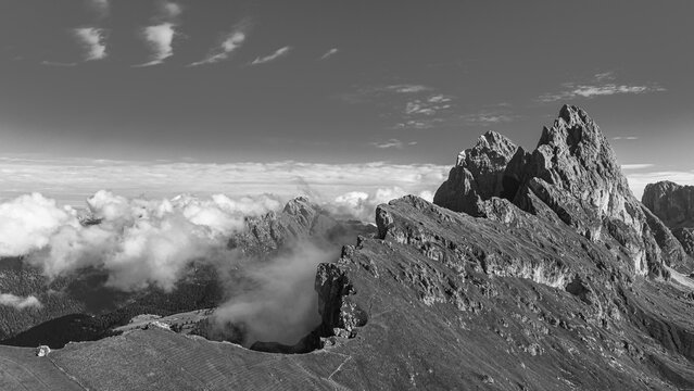 The peaks Sas Rigais and Furchetta of the Geisler group, W Drone image, black and white image, Val Gardena, Dolomites, Autonomous Province of Bolzano, South Tyrol, Italy