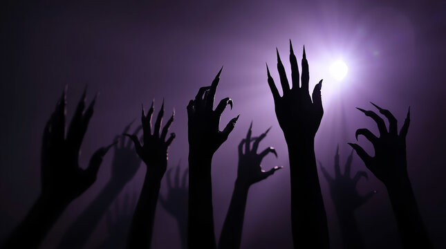 monochromatic silhouette artwork featuring multiple shadowy hands reaching upwards. The hands are depicted with elongated fingers and sharp, claw-like 