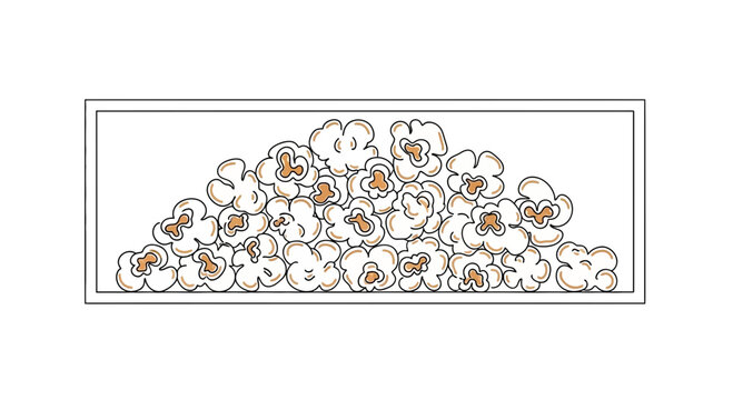 Hand-drawn illustration of a pile of fluffy popcorn in a rectangular frame