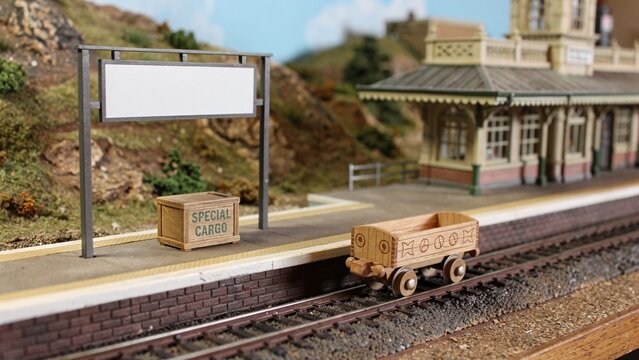 Detailed model train diorama featuring a miniature railway station platform with tracks, a wooden special cargo box, a toy train wagon, and a blank sign, set against a scenic landscape.