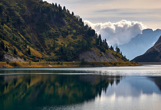 View on Fedaia lake in the Dolomite Alps, Italy       