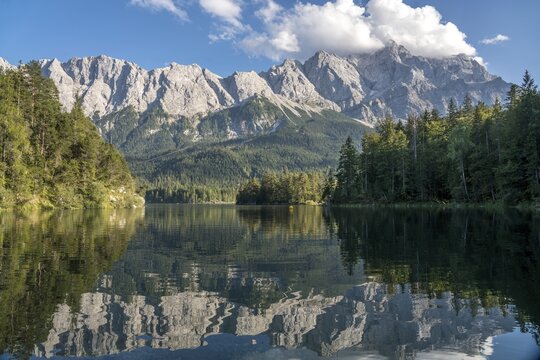 Eibsee lake below the Zugspitze in the Wetterstein range in Grainau, Bavaria, Germany