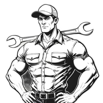 A muscular adobe stock man in a cap and shirt holds a large wrench on his shoulder confidently.