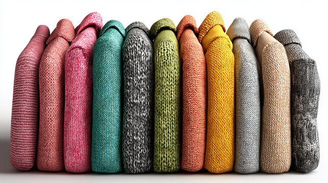 Sweaters in a vibrant spectrum of colors are neatly folded and lined up in a row to showcase a collection of cozy winter apparel that is perfect for retail displays or seasonal fashion marketing.
