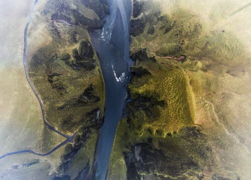 Fjadrarglijufur Canyon in the fog, Justin Bieber Canyon, drone shot, Sudurland, Iceland