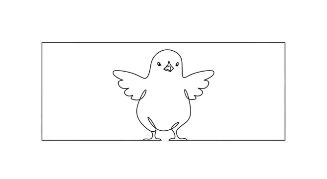 Cute cartoon chick with wings spread, isolated on white background, simple line art, animation frame
