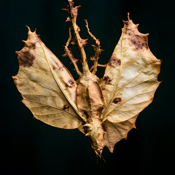 Camouflaged leaf insect mimicry on dark background