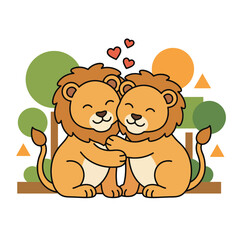 Obraz premium Two lions sitting together in a forest with hearts above them