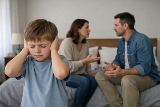 Upset child covering ears while parents argue in the background, illustrating family conflict, divorce stress and emotional impact on children.