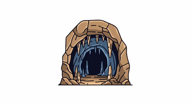 A cartoonish, gaping cave entrance with jagged rock formations and sharp stalactites