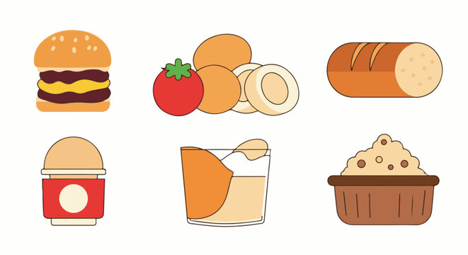 A collection of stylized food items burger, tomato, eggs, bread, drink, and muffin