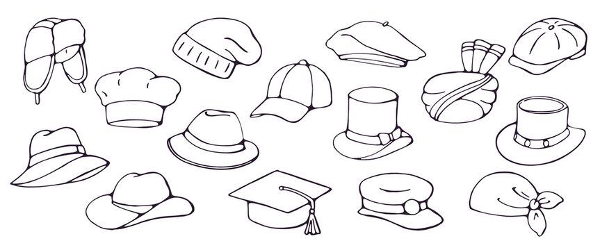 Hand drawn set of 15 different hats in various styles doodle illustration on white background