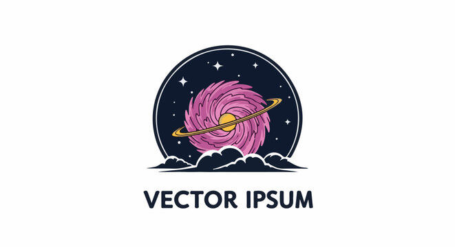 Cosmic vortex with ring, stars, and clouds in a circular frame with placeholder text