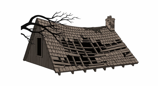 A dilapidated wooden house with a broken roof, a dark window, and bare tree branches
