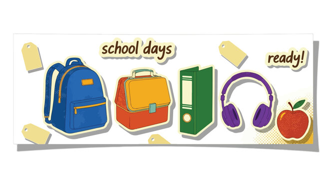Back to School Sticker Collage Elements with Blue Backpack Lunchbox and Headphones Isolated on White Background