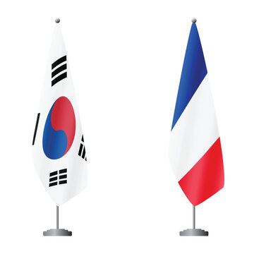 South Korea and France flags on flagpoles for official ceremonies and meetings, transparent background vector
