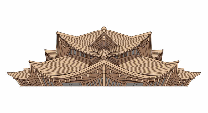 Ornate, layered wooden roof structure with intricate details and curved eaves