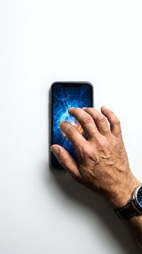 Hand holding modern smartphone with dark screen on white background for technology mobile app mockup and product photography design projects.