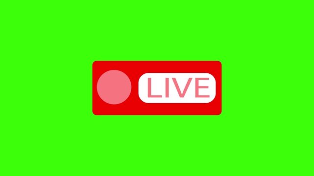 Animated red "live" button in 4K resolution. Green screen illustration of breaking news. Live television broadcast icon, streaming symbol.