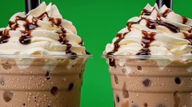 Delicious Iced Bubble Tea with Whipped Cream and Tapioca Pearls on Green Screen Background, Ideal for Cafe Menus and Food Advertisements.