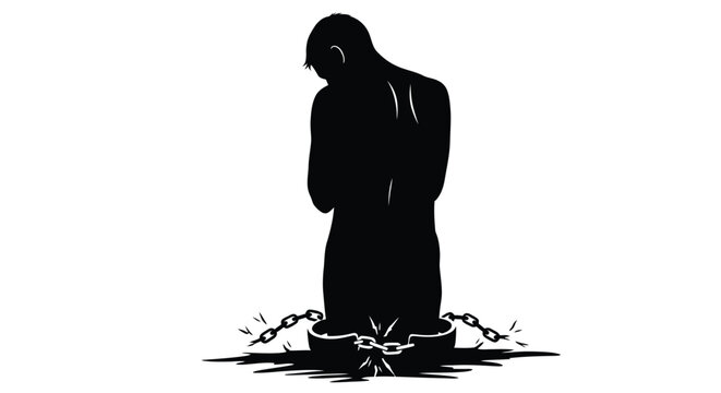 silhouette of a man with chains isolated on white background