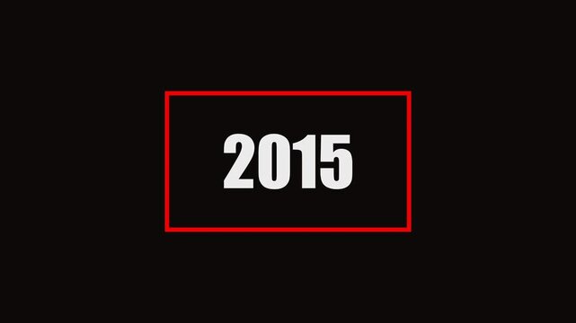 2015 number animation on black background. Old film style historical year loop. White 1962 number text with rectangle animation..