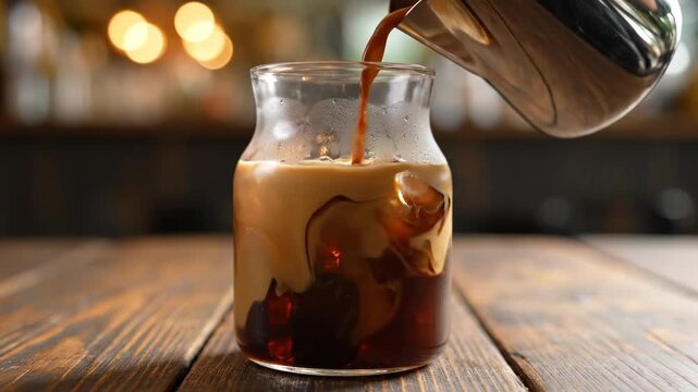 Refreshing Iced Coffee Preparation: Pouring Dark Espresso into a Glass Jar with Ice Cubes on a Rustic Wooden Table, Ideal for Cafe Menus and Summer Beverage Promotions.
