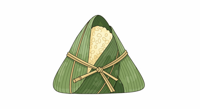 A pyramid-shaped food item wrapped in green leaves and tied with a string