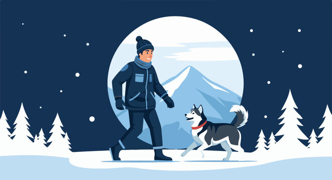 Person walks a husky dog in a snowy landscape under a large moon
