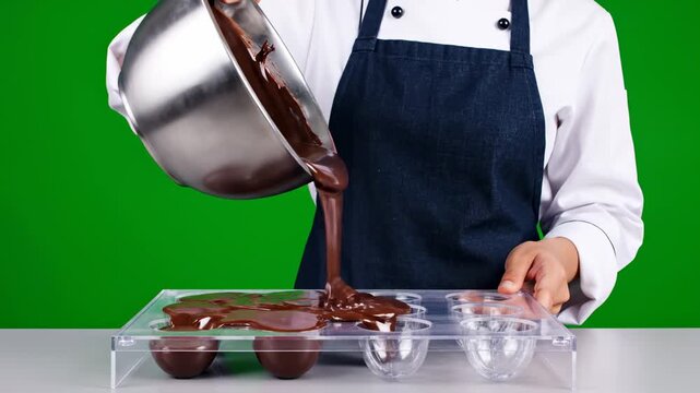 Pouring melted dark chocolate into candy molds for confectionery creation in a clean kitchen setting