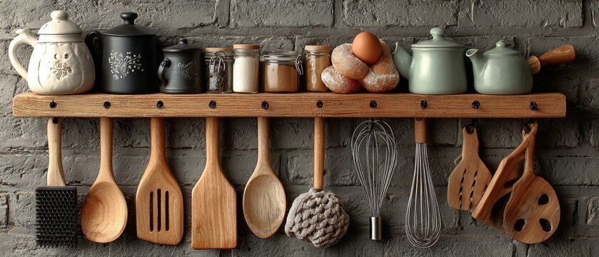 Rustic wooden utensils and ceramic jars hang neatly on a shelf against a textured gray brick background for culinary organization.