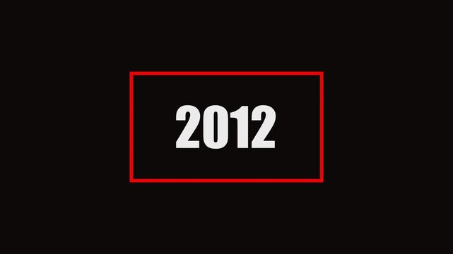 2012 number animation on black background. Old film style historical year loop. White 1962 number text with rectangle animation..