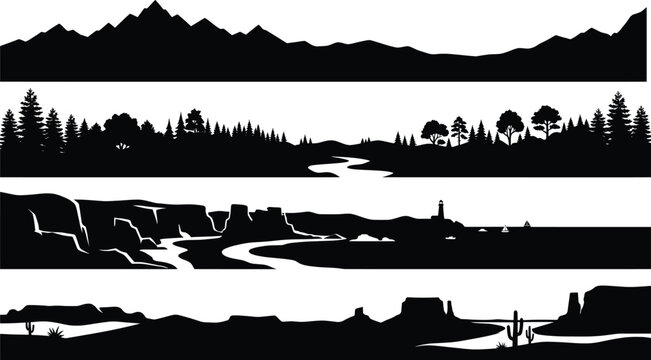 Mountain landscape silhouette banners, forest and canyon horizon vector set, black wilderness nature borders for outdoor adventure design