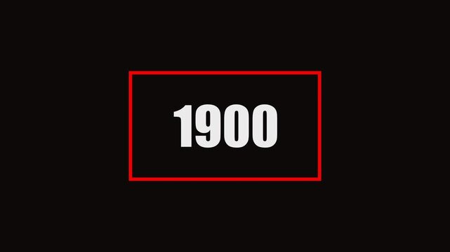 1900 number animation on black background. Old film style historical year loop. White 1962 number text with rectangle animation..